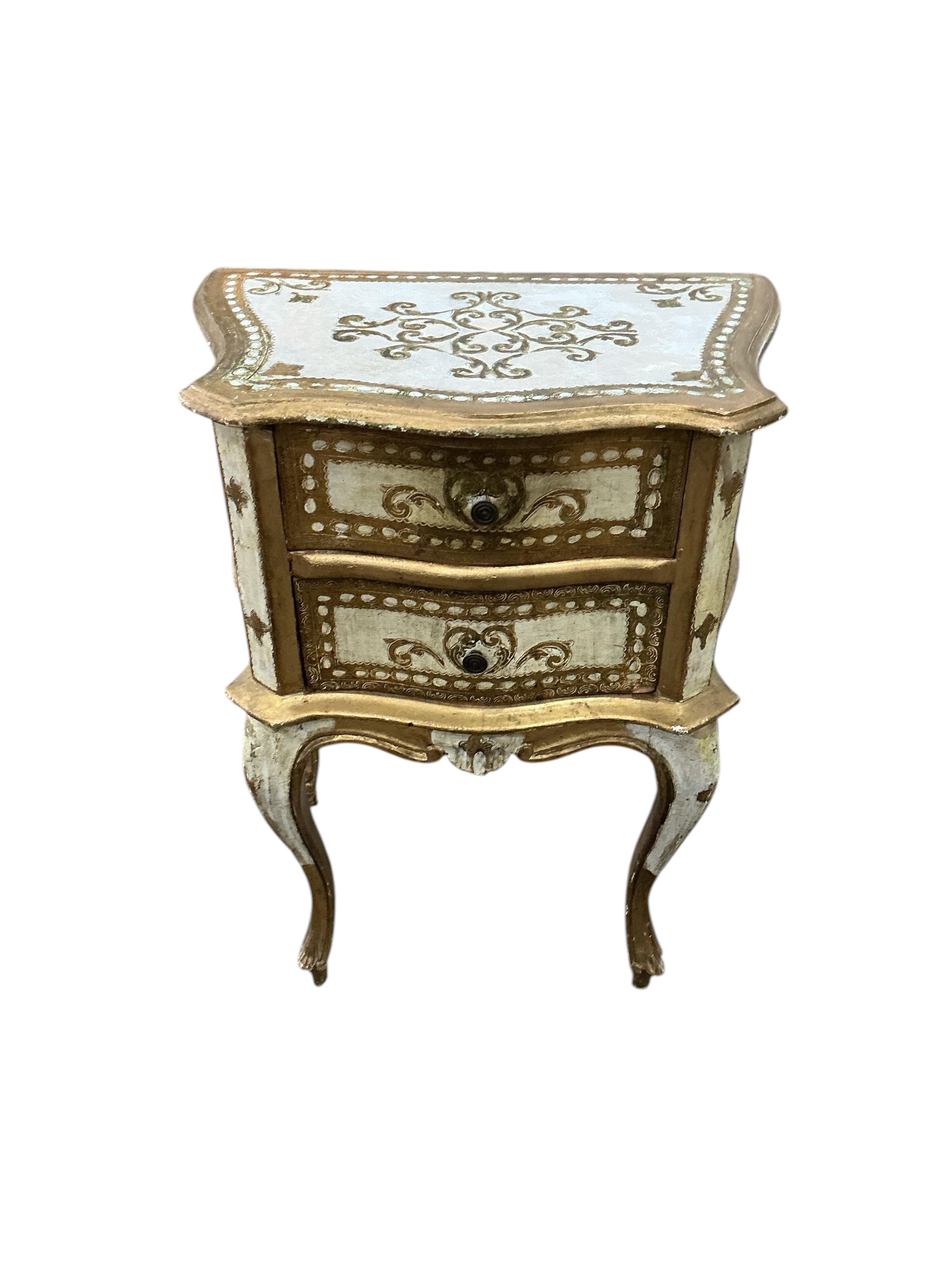 A pair of mid 20th century Italian painted two drawer bedside chests, width 45cm, depth 29cm, height 59cm